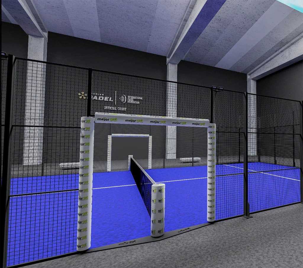 Net posts and padel tennis court covering